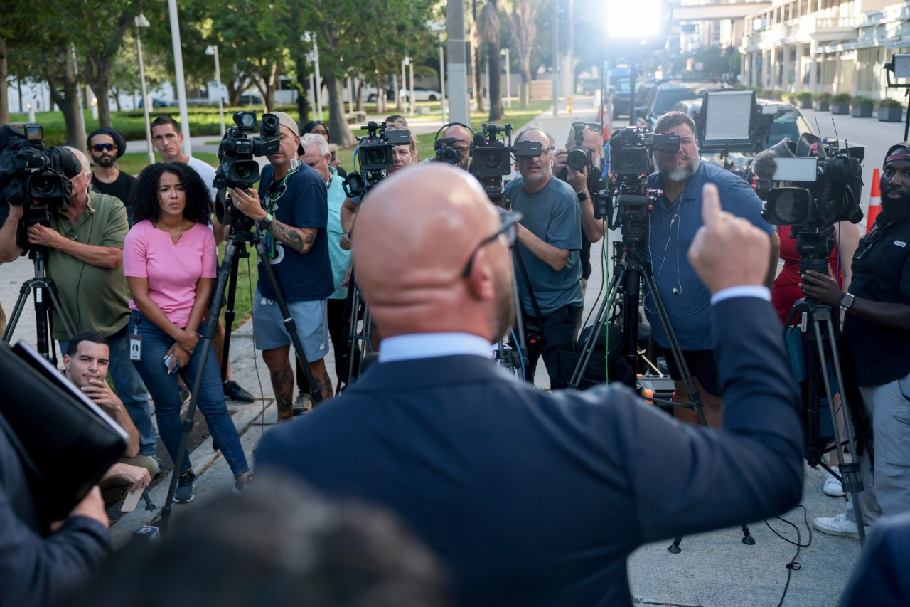 Attorney Joseph McBride speaking to media outside the C. Clyde Atkins United States Courthouse in Miami, Florida