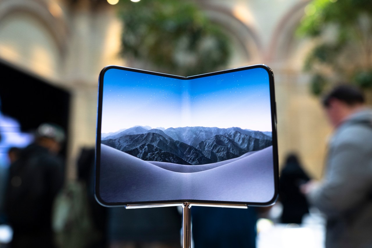 iPhone Duo foldable smartphone on display inside the Apple Covent Garden store in London