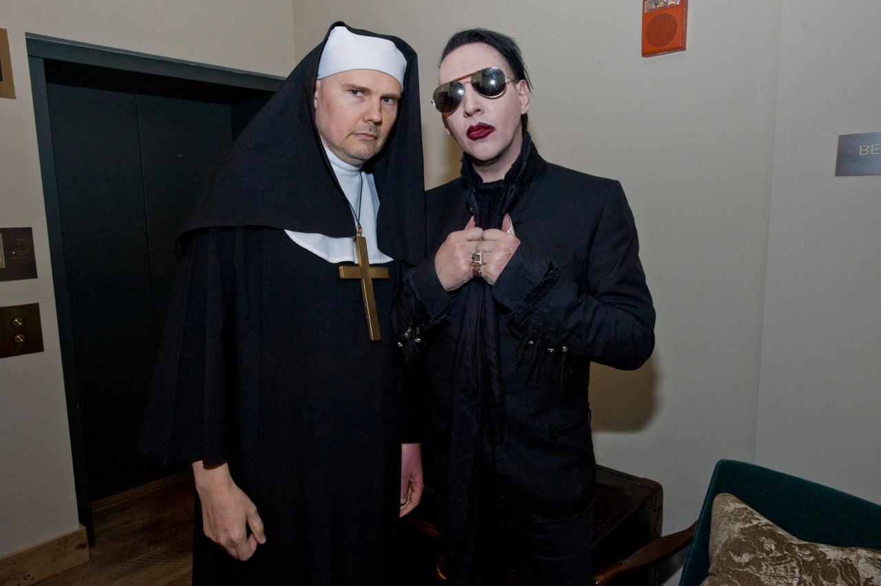 Billy Corgan and Marilyn Manson seated together at a SiriusXM Town Hall event in Chicago