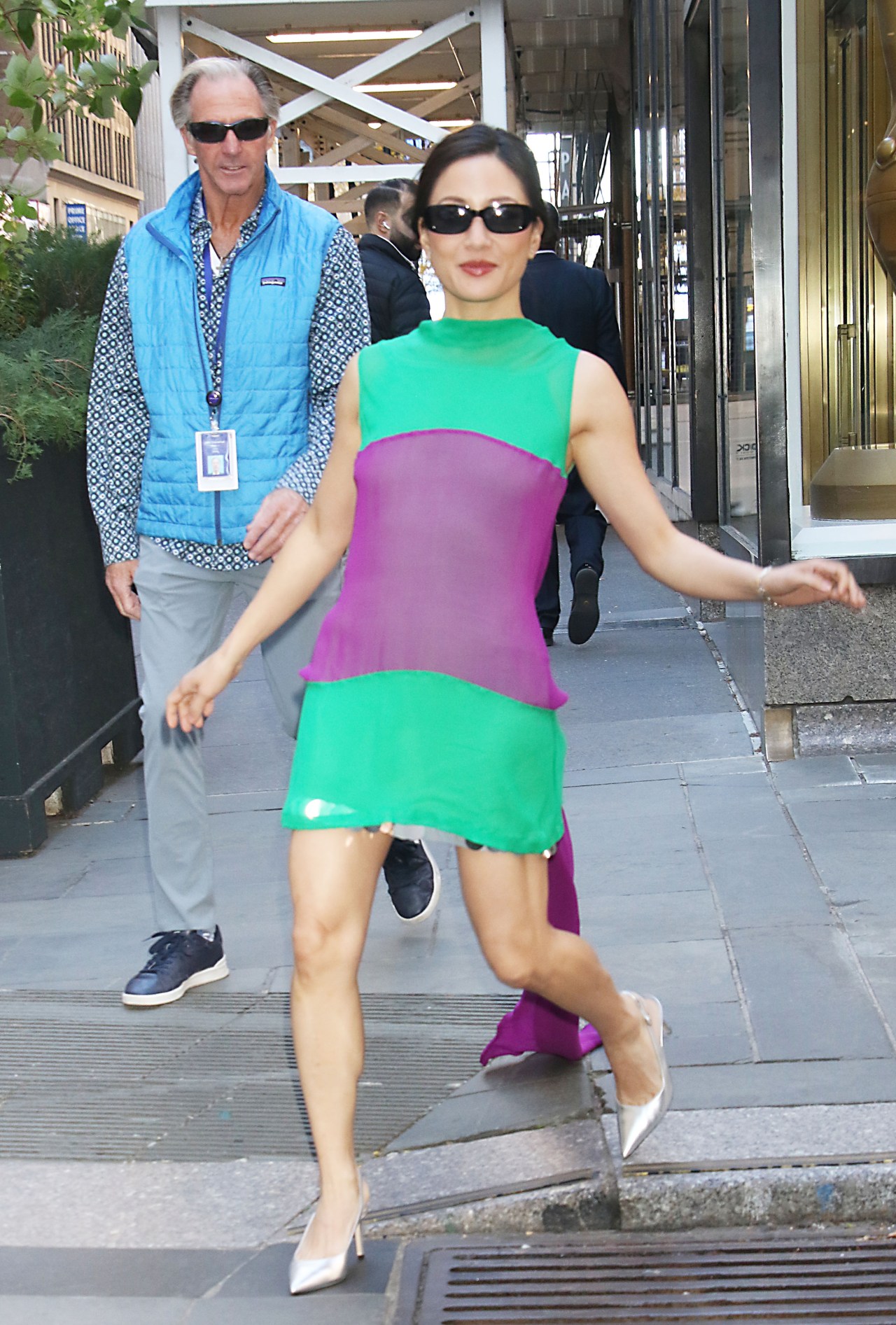 Constance Wu wearing a green and purple Zankov dress and silver pointed-toe heels at the Today Show