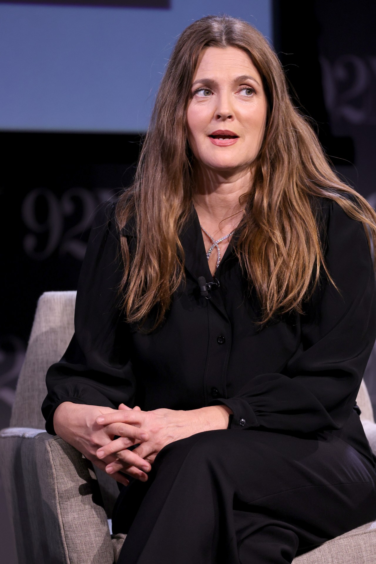 Drew Barrymore speaking at a conversation event with Valerie Bertinelli at 92NY in New York City
