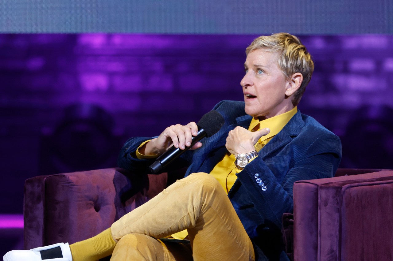 Ellen DeGeneres speaking onstage at Warner Theatre in Washington, D.C. during Michelle Obama's The Light We Carry Tour