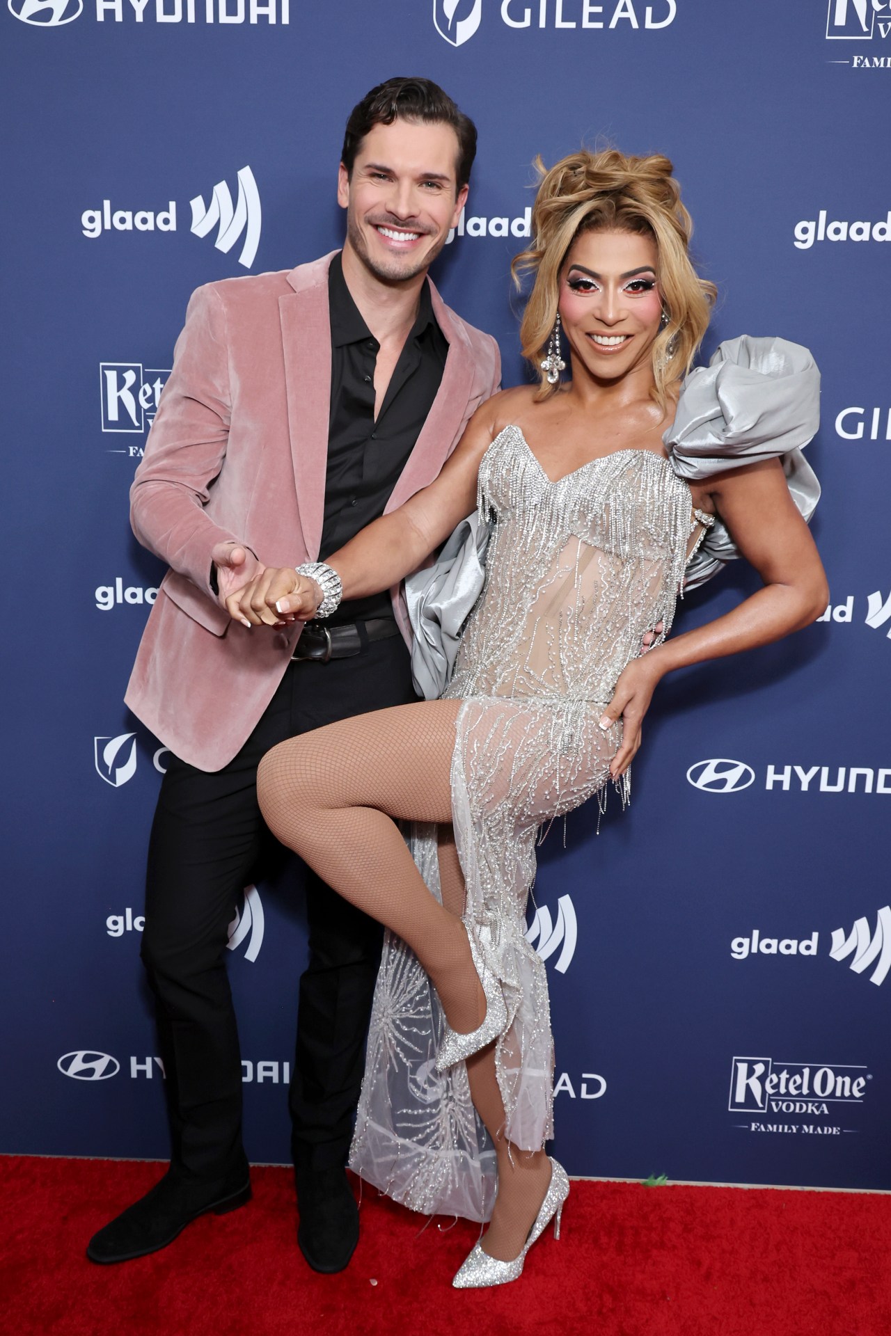Gleb Savchenko and Shangela posing together on the red carpet at the GLAAD Media Awards at The Beverly Hilton in Beverly Hills