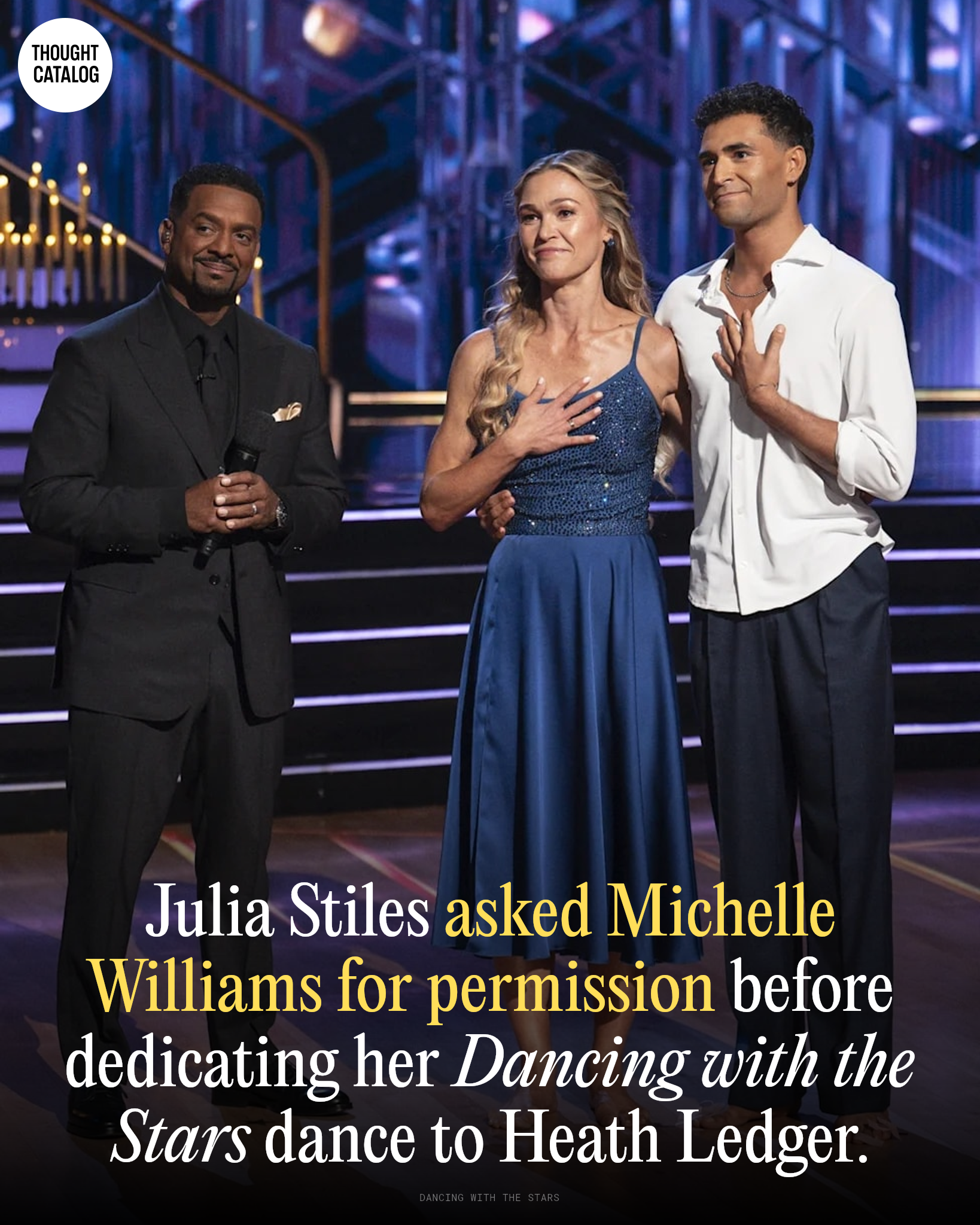 Julia Stiles and Ezra Sosa performing on Dancing with the Stars
