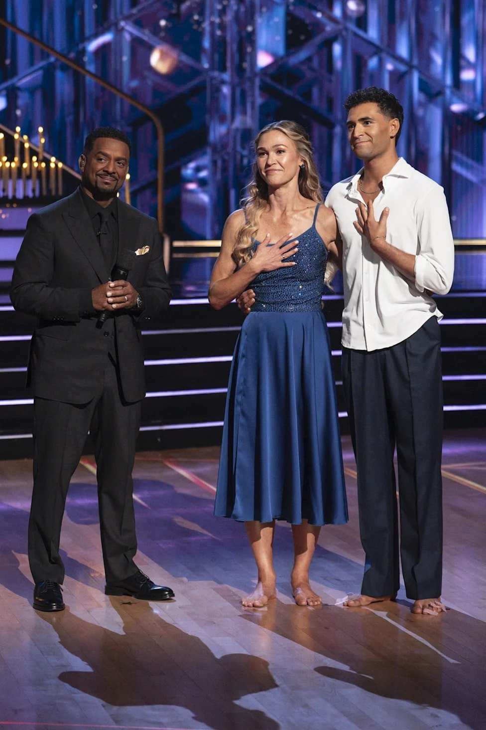 Julia Stiles and Ezra Sosa performing on Dancing with the Stars