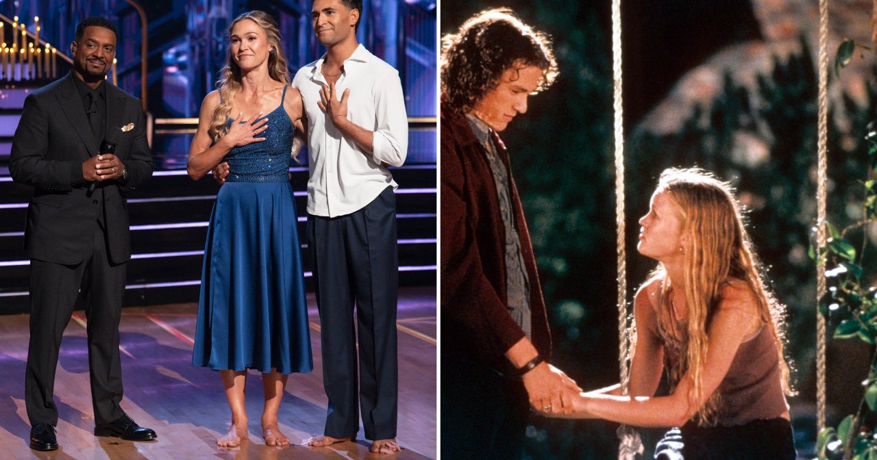 Alfonso Ribeiro, Julia Stiles, and Ezra Sosa on the Dancing With the Stars ballroom floor