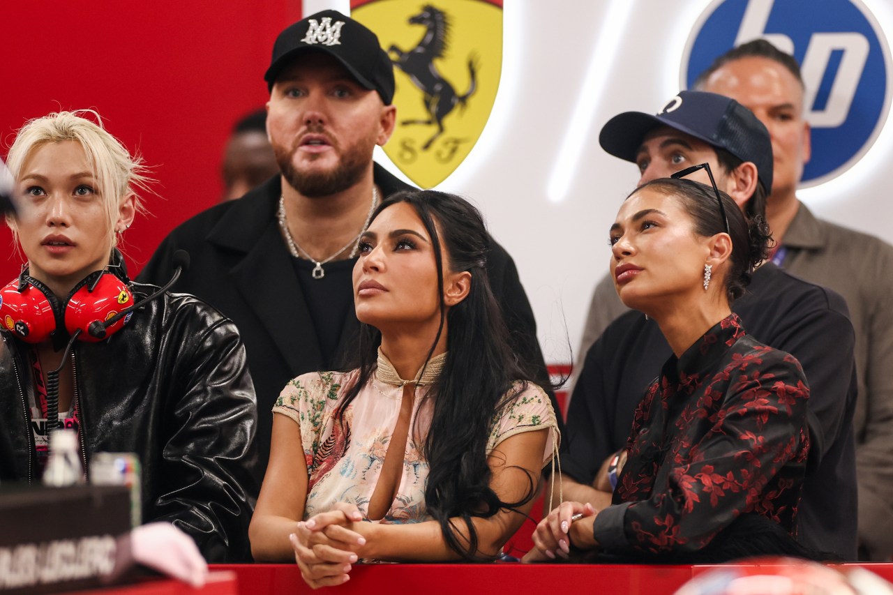 Kim Kardashian looking on inside the Scuderia Ferrari garage at the F1 Grand Prix of Singapore