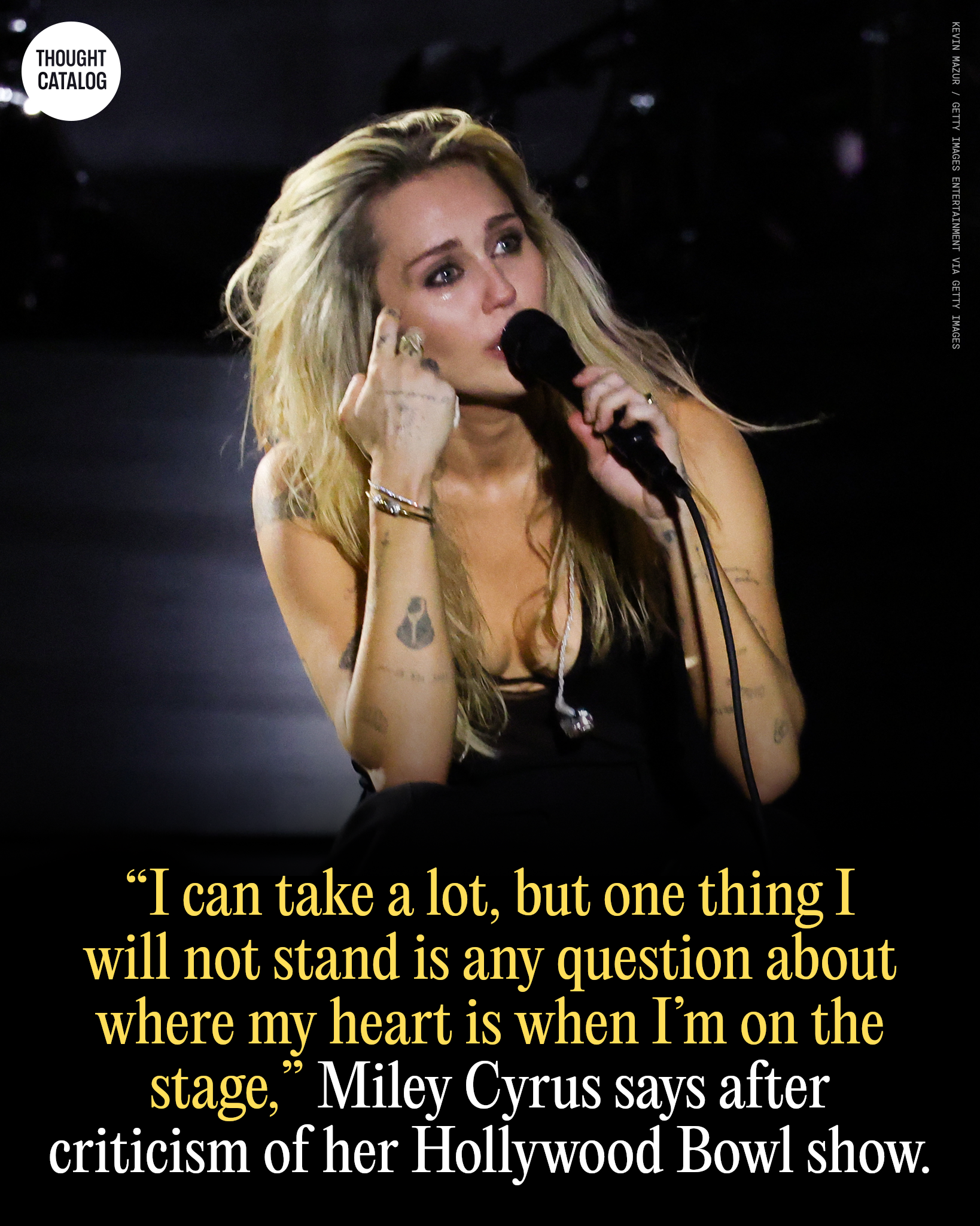 Miley Cyrus performing on stage at the Hollywood Bowl in Los Angeles