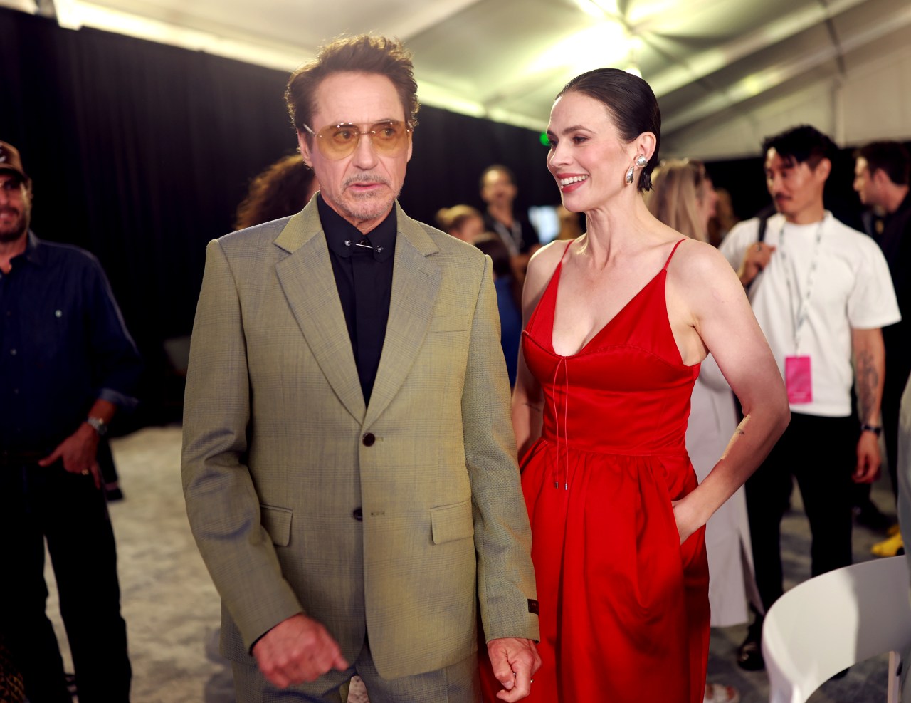 Robert Downey Jr. and Hayley Atwell on stage at the Disney Entertainment Showcase at D23 in Anaheim, California