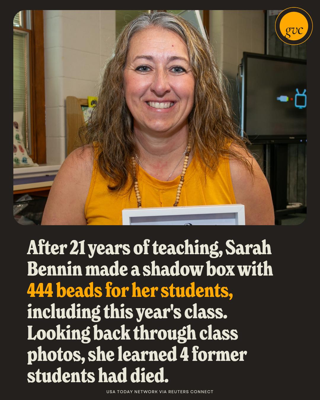 Shadow box with 444 colorful beads representing every first grader Sarah Bennin has taught since 2006