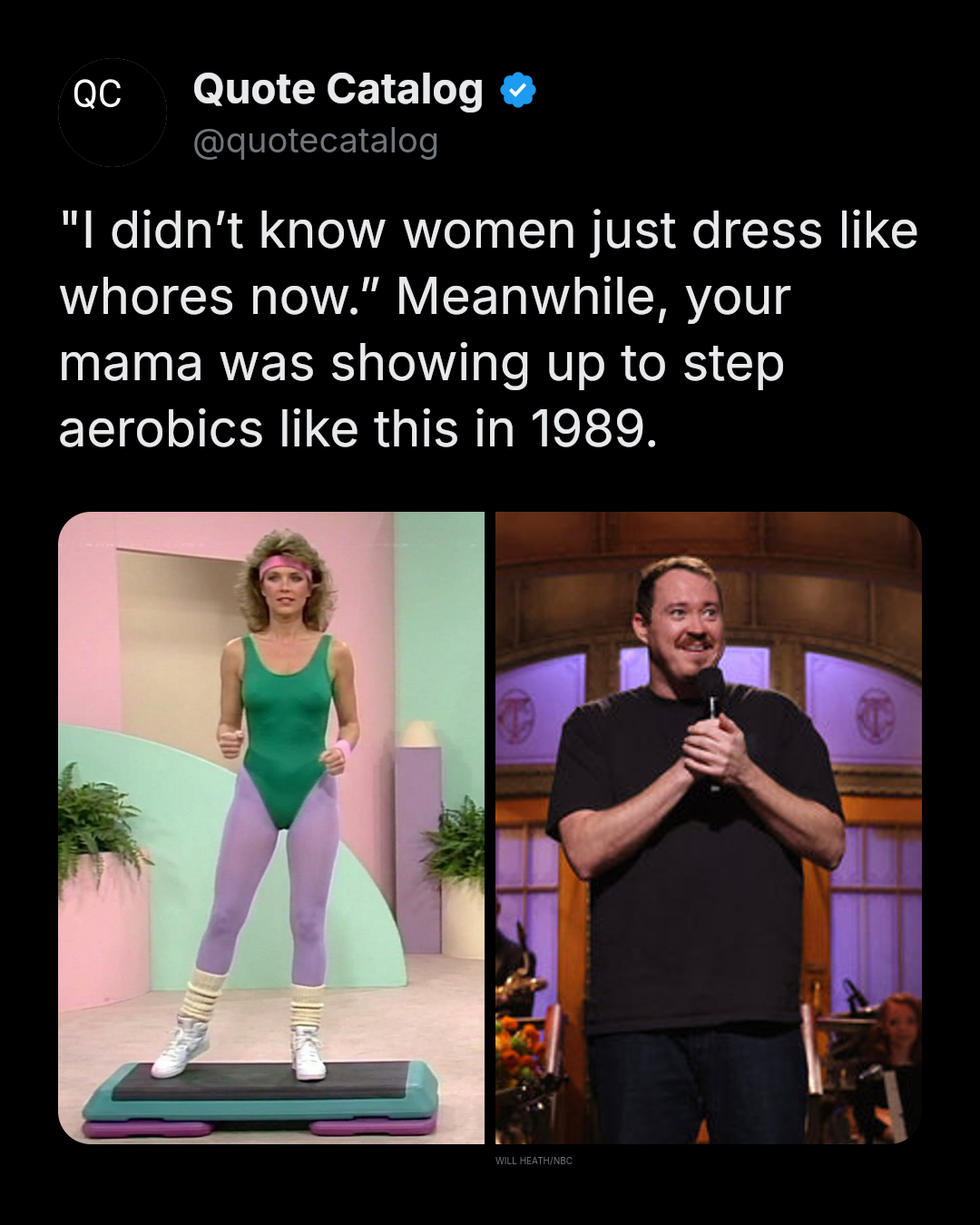 Screenshot of a Quote Catalog tweet showing a woman in a green high-cut leotard doing step aerobics alongside a photo of a man speaking into a microphone on the SNL stage.