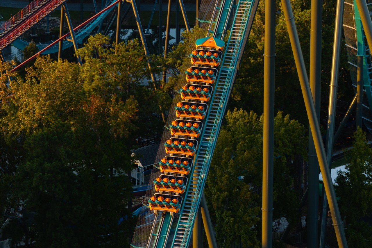 Aerial view of the Goliath roller coaster train stopped on the track at Six Flags Over Georgia in Austell, Georgia