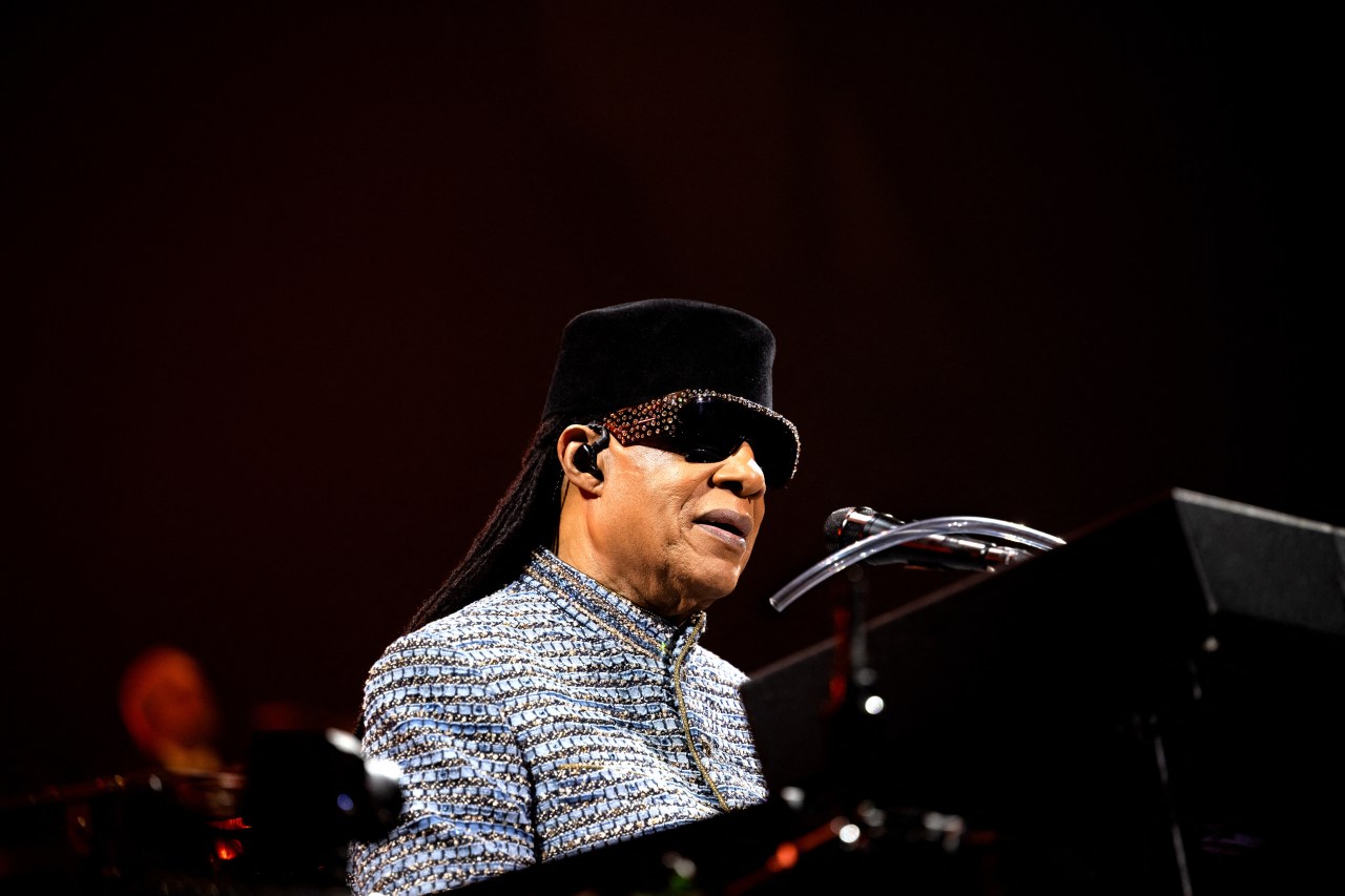 Stevie Wonder performing on stage at the Accor Arena in Paris