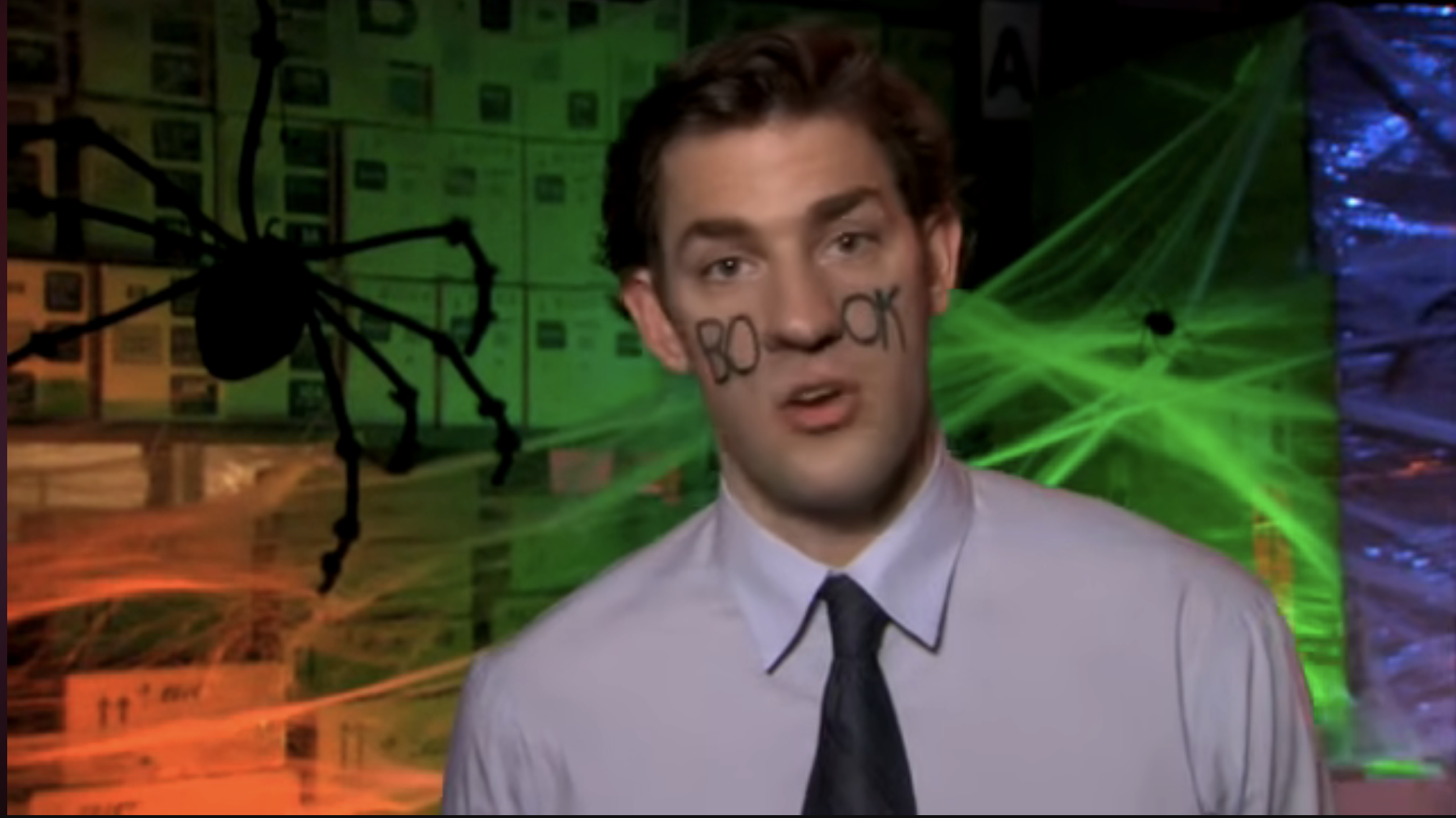 Cast of The Office in Halloween costumes during a haunted house scene in the Dunder Mifflin warehouse